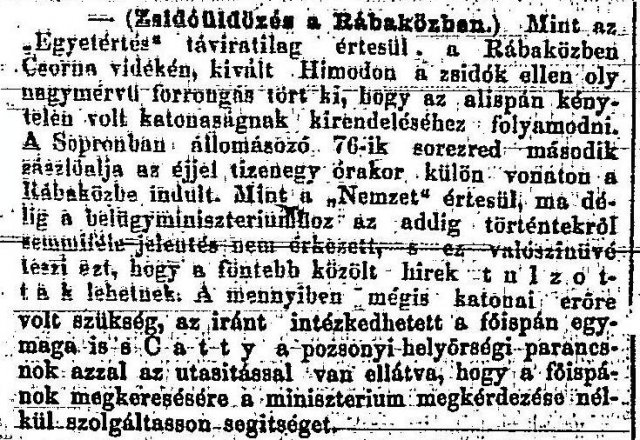 „Zsidóüldözés a Rábaközben.” (Forrás: Budapesti Hírlap, 1882. 11. 23., 6. o.)
